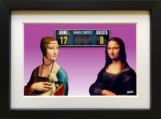 Smirk contest Mona Lisa en Dame met de hermelijn van Leonardo da Vinci - ingelijst met passe-partout - popart gesigneerd - 15x20cm