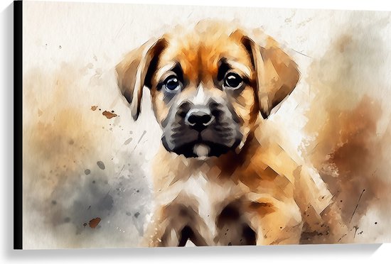 Canvas - Aquarel Tekening van Bruine Puppy - 90x60 cm Foto op Canvas Schilderij (Wanddecoratie op Canvas)