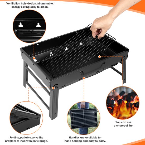 Uten Opvouwbare Smoker Barbecue - Tafel Barbecue - Houtskoolbarbecue - Camping bbq - BBQ Grill - Grilloppervlak (L x B) 35 x 27 cm - Zwart van Uten — afbeelding 5