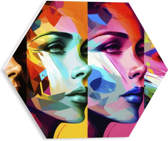 PVC Schuimplaat Hexagon - Artistieke Collage van Zijaanzichten van Kleurrijke Vrouwen - 30x26.1 cm Foto op Hexagon (Met Ophangsysteem)