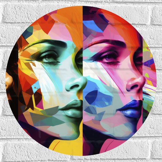 Muursticker Cirkel - Artistieke Collage van Zijaanzichten van Kleurrijke Vrouwen - 50x50 cm Foto op Muursticker