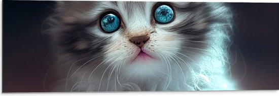 Dibond - Aandoenlijke Kitten met Helder Blauwe Magische Ogen - 90x30 cm Foto op Aluminium (Wanddecoratie van metaal)