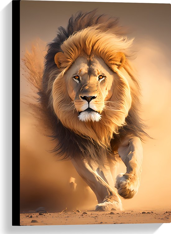 Canvas - Aanstormende Mannetjes Leeuw door het Afrikaanse Landschap - 40x60 cm Foto op Canvas Schilderij (Wanddecoratie op Canvas)
