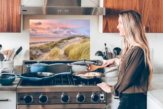 Spatscherm keuken 60x40 cm - Kookplaat achterwand Strand - Zee - Duin - Zonsondergang - Muurbeschermer - Spatwand fornuis - Hoogwaardig aluminium