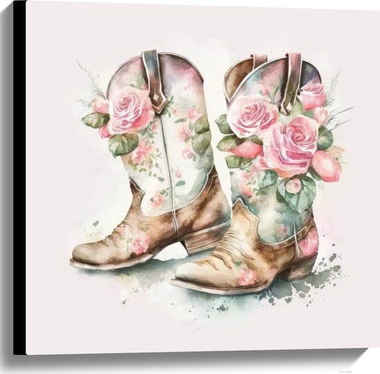 Canvas - Acryl Tekening van Cowboy Boots Versierd met Bloemen - 60x60 cm Foto op Canvas Schilderij (Wanddecoratie op Canvas)