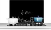 Spatscherm keuken 90x60 cm - Kookplaat achterwand Skyline - Amsterdam - Line art - Nederland - Zwart wit - Muurbeschermer - Spatwand fornuis - Hoogwaardig aluminium