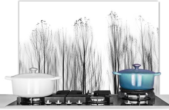 Spatscherm keuken 80x55 cm - Kookplaat achterwand Bomen - Zwart wit - Vogels - Natuur - Muurbeschermer - Spatwand fornuis - Hoogwaardig aluminium