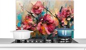 KitchenYeah® Spatscherm keuken 90x60 cm - Kookplaat achterwand - Roze bloemen abstract - Muurbeschermer hittebestendig - Spatwand fornuis - Hoogwaardig aluminium - Keukenaccessoires