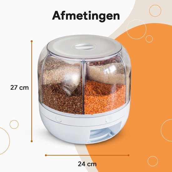 Afmetingen van de witte voorraaddispenser met vier vakken, gevuld met granen en linzen: 27 cm hoog, 24 cm breed.