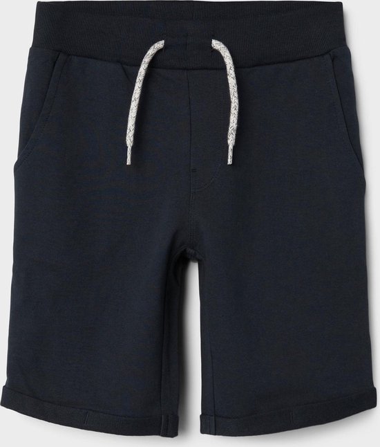 Marineblauwe korte broek met elastische tailleband en witte koordjes.