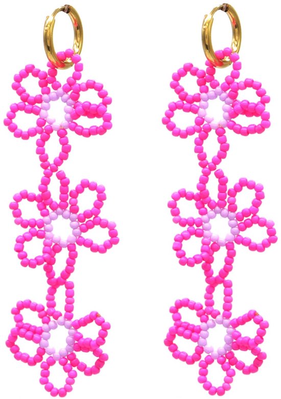 Oorbellen met Bloemen - Glaskralen - RVS - 8 cm - Fuchsia
