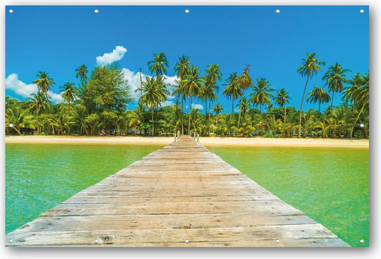 Tuinposter - Tuinschilderij - Schutting decoratie - Muurdecoratie - Buitenposter - 180x120 cm - Tropisch Eiland - Strand – Zee