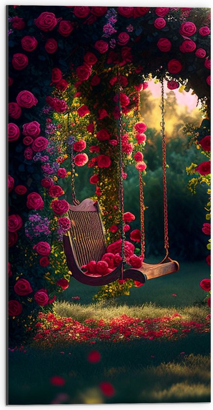 Dibond - Romantische Schommel aan Roze Bloemenboog - 50x100 cm Foto op Aluminium (Wanddecoratie van metaal)