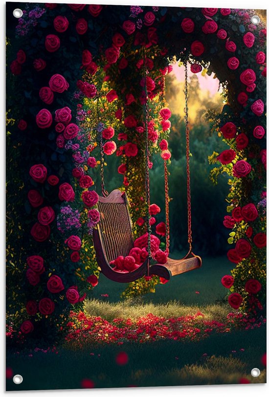 Tuinposter – Romantische Schommel aan Roze Bloemenboog - 60x80 cm Foto op Tuinposter (wanddecoratie voor buiten en binnen)