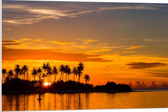 PVC Schuimplaat- Silhouet van Palmbomen op Eiland tijdens Felkleurige Zonsondergang - 90x60 cm Foto op PVC Schuimplaat