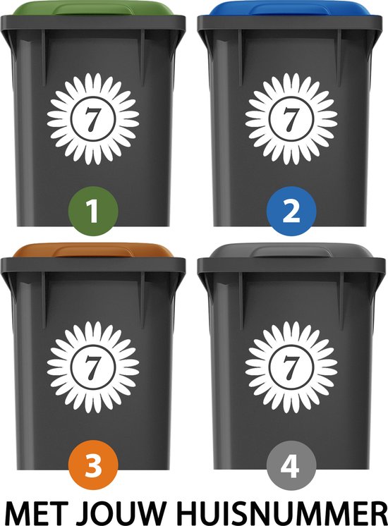 Container stickers XL - Voordeelset 4 stuks - 19x19 cm - Container / Kliko sticker huisnummer - afvalcontainer sticker - klikosticker - Bloem
