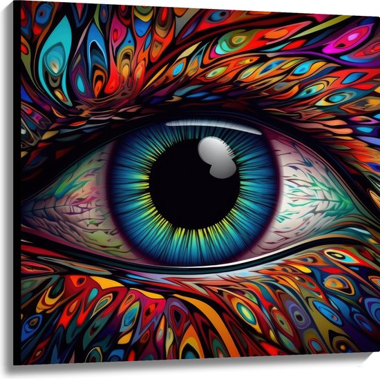 Canvas - Schilderij van Blauw oog op Kleurrijk Gezicht met Patronen - 100x100 cm Foto op Canvas Schilderij (Wanddecoratie op Canvas)