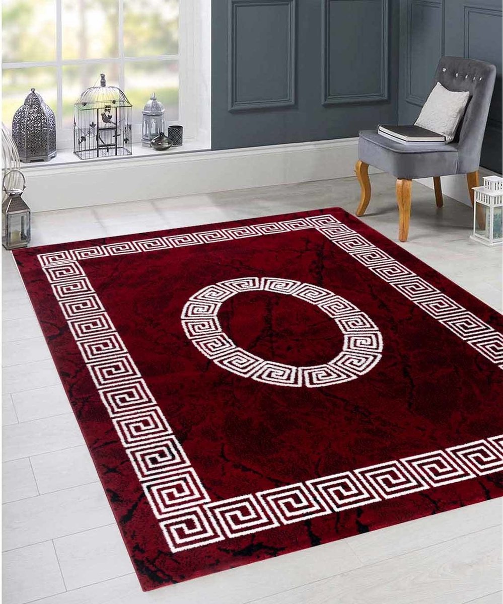 Flycarpets Marlon Vloerkleed Grieks Motief - Rood / Wit - Laagpolig - 280x370 cm