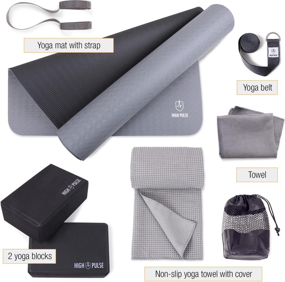 High Pulse® Yoga Set (6 TLG.) mit Yogamatte, 2 Yoga Blöcke, Yogagurt, Yogatuch mit Antirutsch-Noppen und extra Handtuch – Praktisches Yoga-Set für Anfänger und erfahrene Yogis