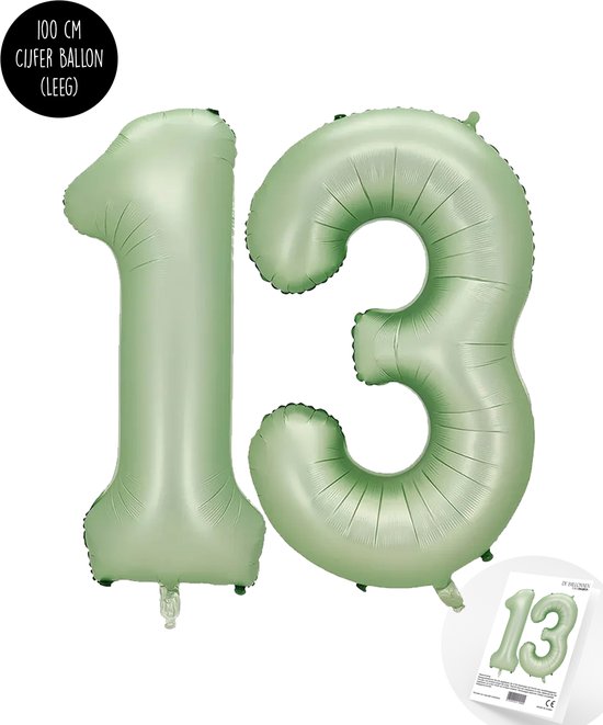 Cijfer Helium Folie Ballon XXL - 13 jaar cijfer - Olive - Groen - Satijn - Nude - 100 cm - leeftijd 13 jaar feestartikelen verjaardag