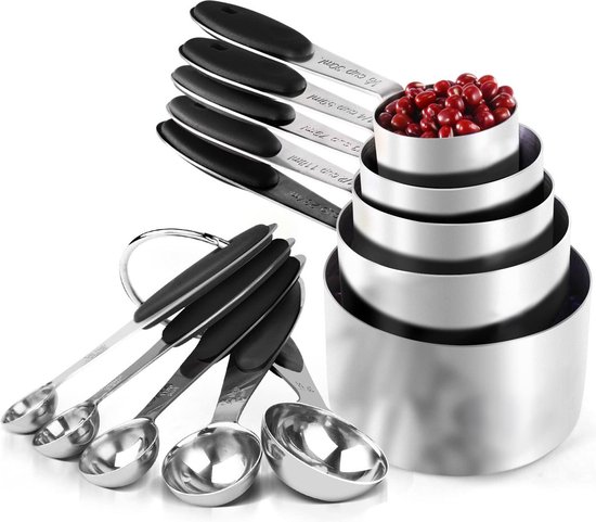 Repus – Set van 10-delig RVS Maatlepels – Maatbekers – Measuring Cups – Cups & Spoons – Duurzaam – Keukengerei – Zwart