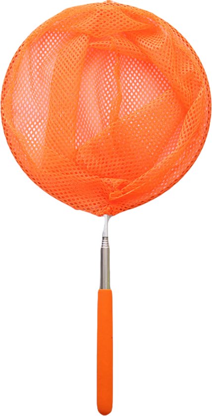 Een oranje telescopische schepnet met een zilverkleurige steel en een oranje handgreep op een witte achtergrond.