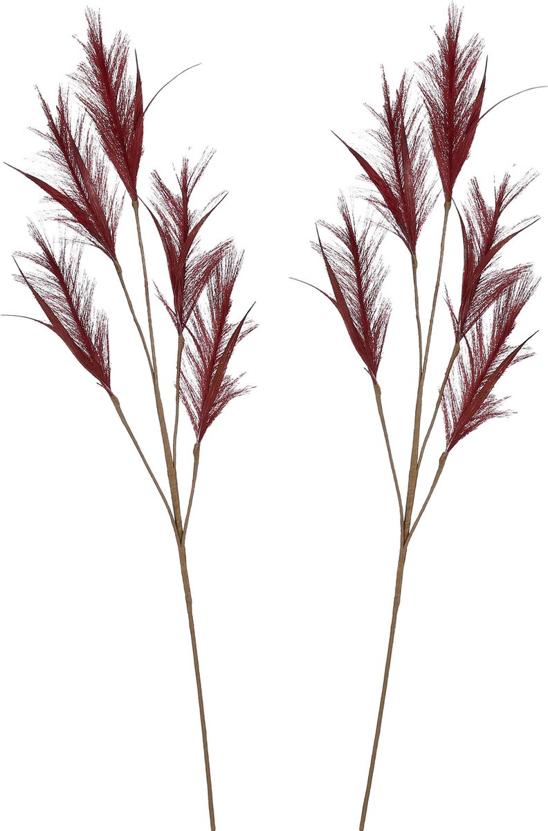 House of Seasons pluimgras losse steel/tak - 2x - meerdere stengels - bordeaux rood - 98 cm - Decoratie kunst bloemen