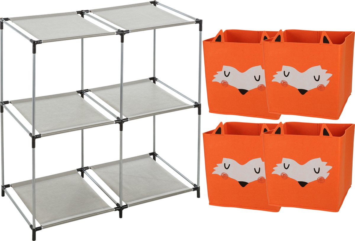 Kastmandjes/opberg mandjes - vossen print - oranje - 4x stuks van 29L - In rekje van 68 x 68 cm