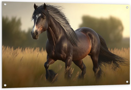 Tuinposter – Schilderij van Rennend Bruin Paard met Dansende Manen - 120x80 cm Foto op Tuinposter (wanddecoratie voor buiten en binnen)