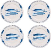 HAES DECO - Ontbijtborden set van 4 - Formaat Ø 20x2 cm - kleuren Wit - Bedrukt Porselein - Collectie: Fishy Blue - Servies, kleine borden