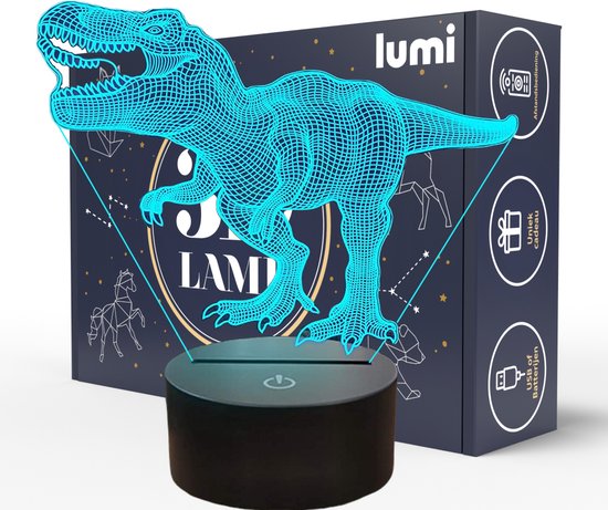 Lumi 3D Lamp - 16 kleuren - T-Rex - Dinosaurus - LED Illusie - Bureaulamp - Nachtlampje - Sfeerlamp - Dimbaar - USB of Batterijen - Afstandsbediening - Cadeau voor jongens - Kinderen