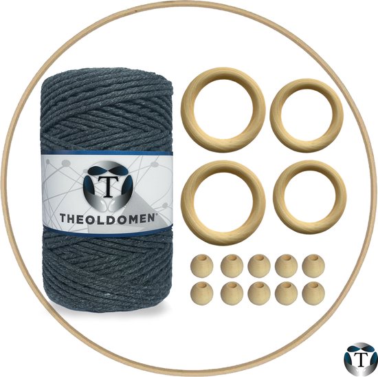 Macramé Pakket | 200 METER | Donkergrijs | Starter Set | Ringen | Kralen | Hout | Macramé Touw | 3mm | 100% Katoen | Macramé | Decoratie | DIY | Doe Het Zelf | Wandkleed | Dromenvanger | Plantenhanger | Tassen | TheOldOmen |