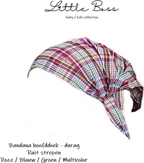 Little Boss - Bandana hoofddoek – Durag – Doo Rag - kind / baby 0-3 jaar – 2 stuks – (ruit) strepen nr. 15 + nr. 14 – roze blauw meerkleurig / beige rood zwart - polyester nylon – casual feest festival