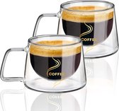 Dubbelwandige koffieglazen, koffieglazen met handvat, 2 x 200 ml, latte macchiato-glazen, cappuccinokopjes, espressokopjes, thermoglazen, glazen