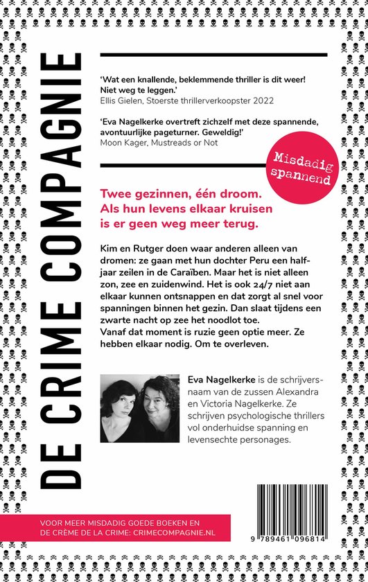 Achterkant van een boek met de titel 'De Crime Compagnie', recensies en een foto van twee vrouwen.