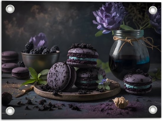 Tuinposter – Tafereel van Paarse Macarons met Blauwe Vulling langs Vaas met Paarse Bloemen - 40x30 cm Foto op Tuinposter (wanddecoratie voor buiten en binnen)