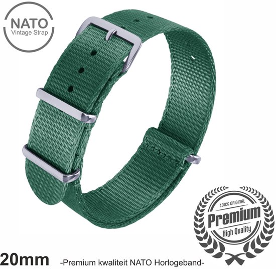 20mm Premium Nato horlogeband Groen - Vintage James Bond look- Nato Strap collectie - Mannen - Horlogebanden - 20 mm bandbreedte