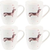 HAES DECO - Lot de 4 mugs - format 12x8x10 cm / 300 ml - coloris Wit / Marron / Beige - Imprimé avec Teckels - Collection : Teckel Love - Ensemble mug, Tasse à café, Tasse à café