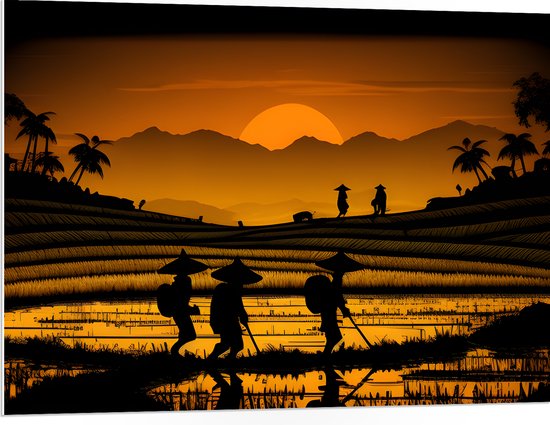 PVC Schuimplaat- Silhouet van Thaise Boeren aan het Werk op Land - 100x75 cm Foto op PVC Schuimplaat