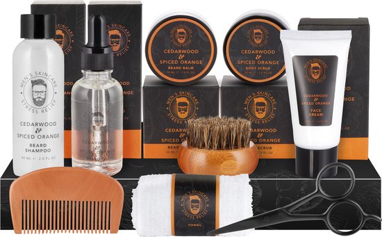 BRUBAKER Lot de 9 soins de barbe avec shampoing à barbe 60 ml, Huile de barbe, baume à barbe, brosse à barbe, exfoliant, crème pour le visage, peigne à barbe, ciseaux à barbe, gant de toilette – Cadeaux pour homme réparateur de barbe