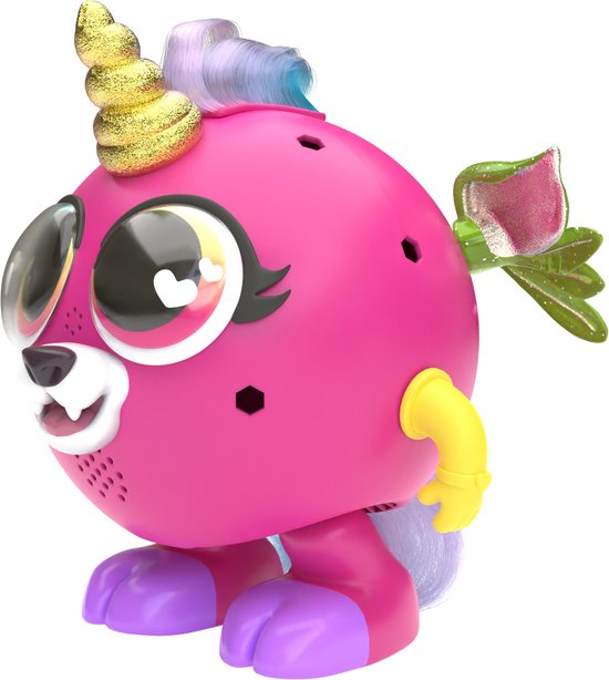 Roze speelgoedfiguur met een gouden hoorn, paarse voeten en een regenboogstaart.