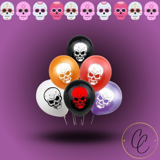Ballonnen - skelet - schedel - versiering - decoratie - horror - halloween - doodshoofd - eng - set van 6