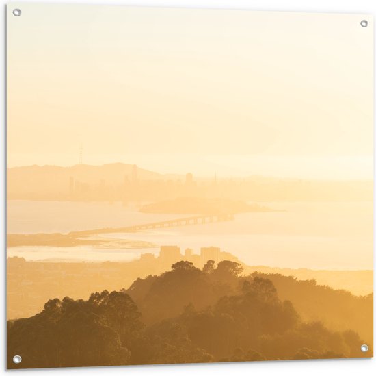 Tuinposter – Mist - Brug - Water - Bomen - Bossen - 100x100 cm Foto op Tuinposter (wanddecoratie voor buiten en binnen)