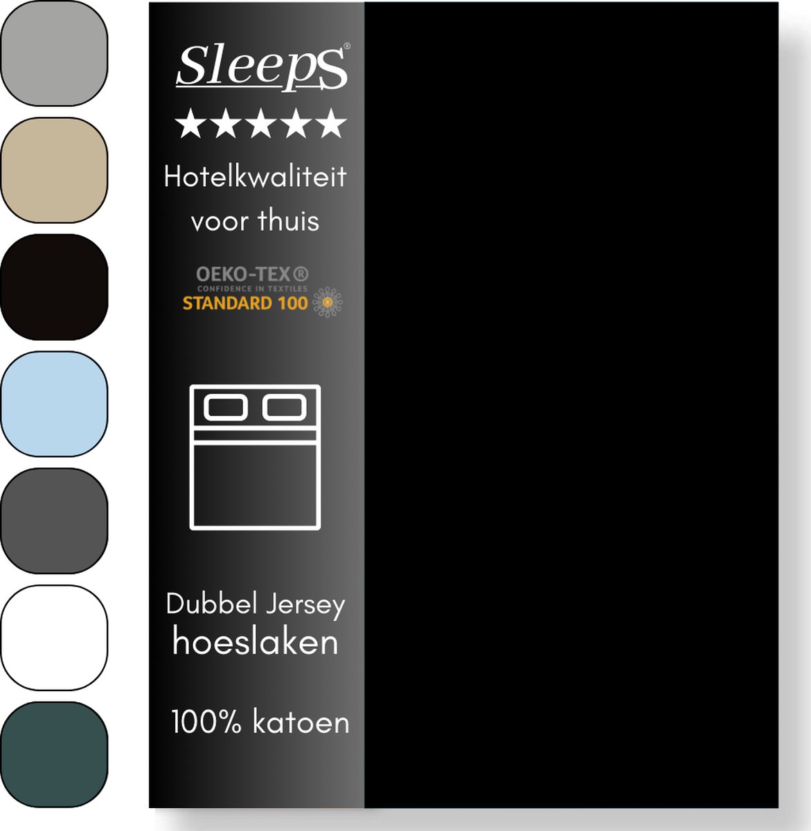 Sleeps Luxe Dubbel Jersey Hoeslaken Zwart - 180 x 200/220 cm - 100% Hoogwaardige Katoen - Hoge Hoek - Strijkvrij