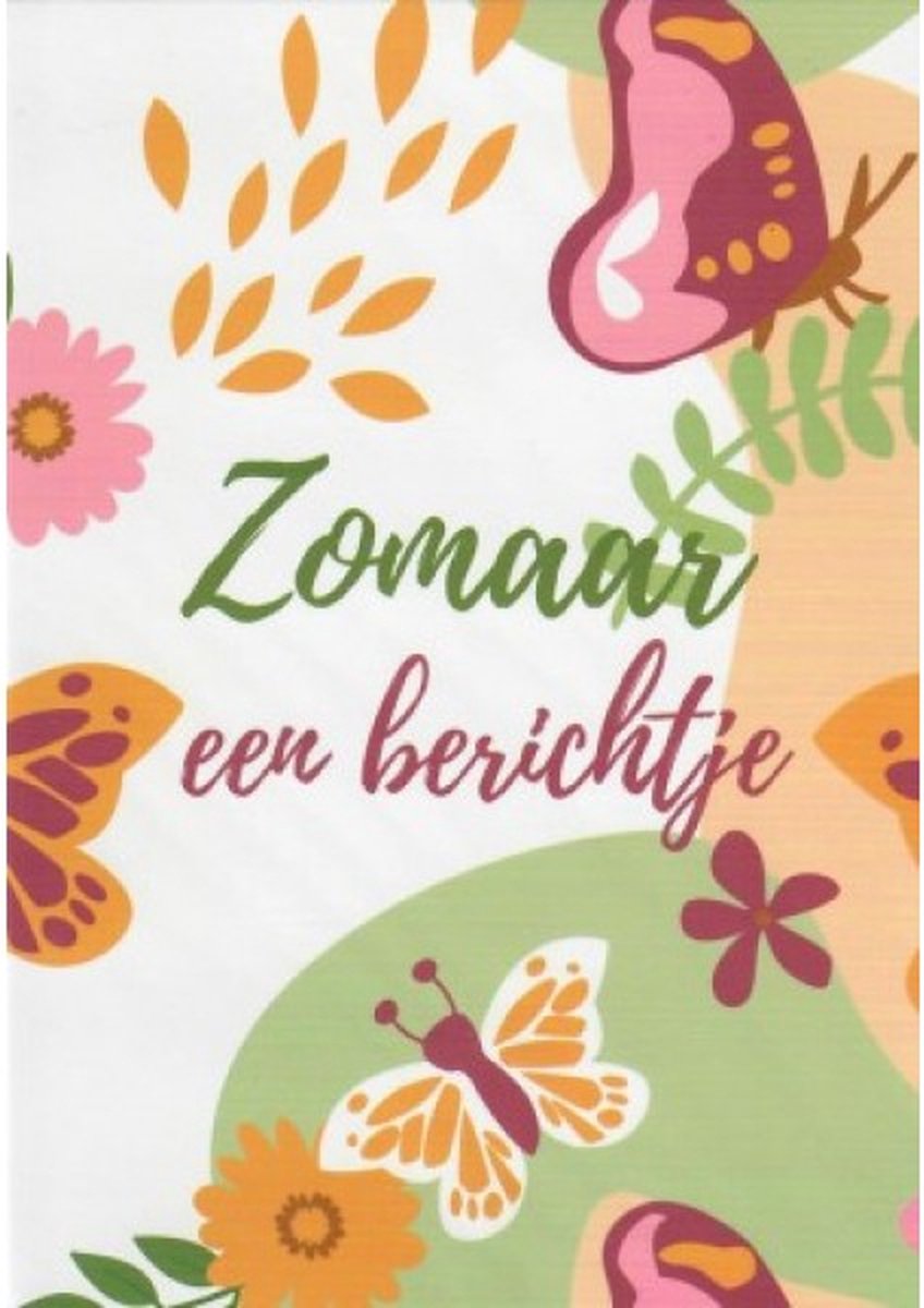 Zomaar een berichtje! Een kleurrijke wenskaart met leuke vlinders en bloemen. Een leuke kaart om zo te geven of om bij een cadeau te voegen. Een dubbele wenskaart inclusief envelop en in folie verpakt.