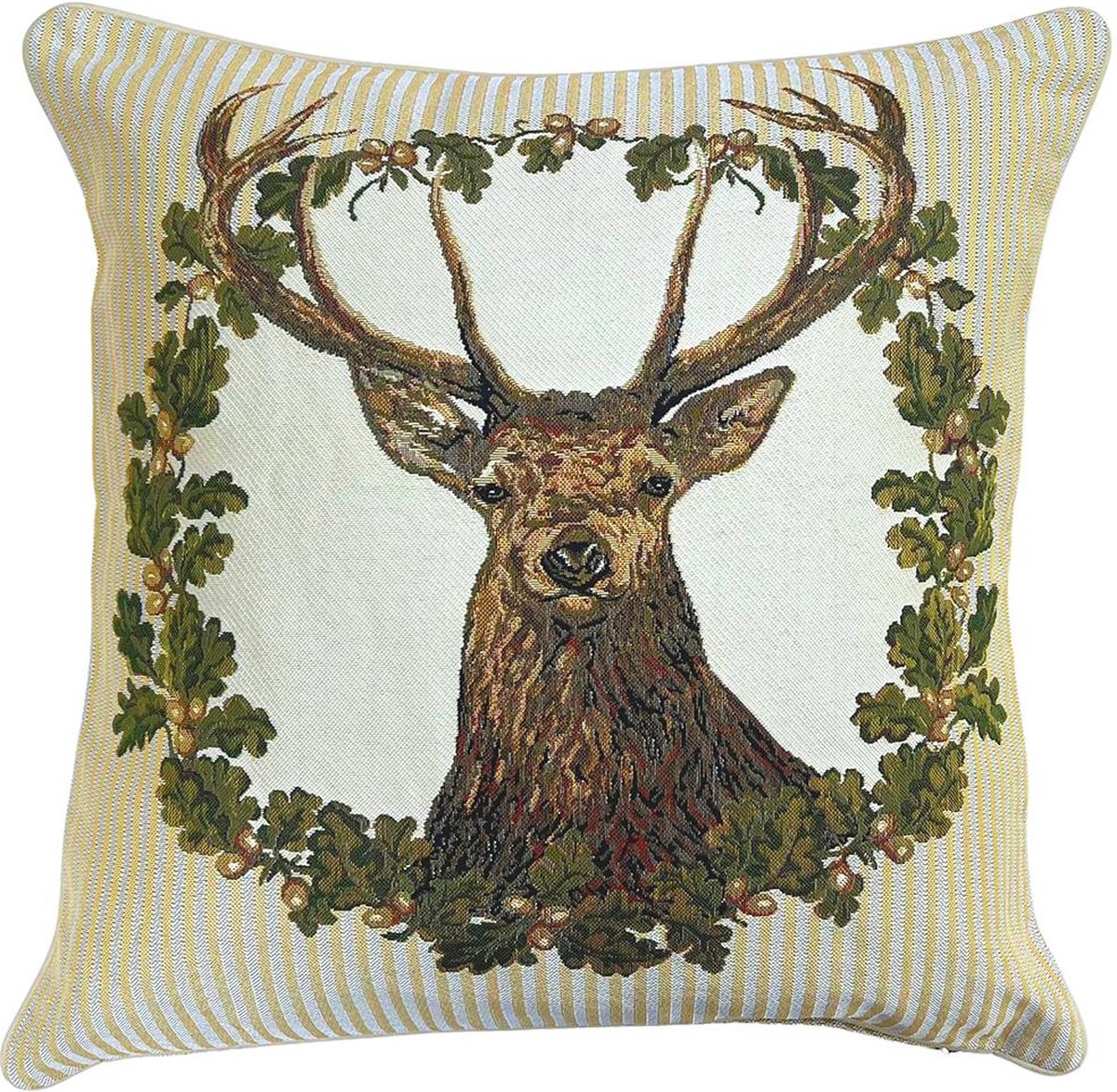 Signare Kussenhoes - Luxe gobelinstof - Stag - Hert - Deer - Edelhert - Beige schotse ruit multi
