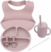 Baby Berliée - 4 delig Silliconen Kinderservies Set - Slabbetje - Bordje - Kinderbestek - Kinderbeker met rietje - Oud Roze