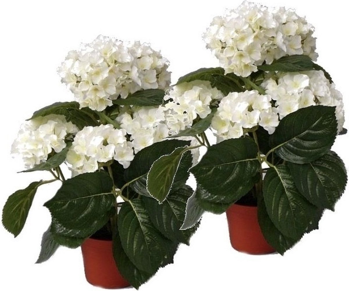 Bellatio Flowers & Plants Topart kunstplant met bloemen - 2x - Hortensia - wit - H36 cm - Dia 10 cm - Bloemetjes - Hydrangea