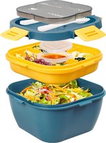 Saladebak 1700 ml bentobox met 3 zakjes en sausdoos, lekvrije lunchbox met front en mes voor kinderen en volwassenen, broodtrommel, water- en magnetronbestendig, blauw