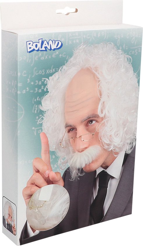 Verpakking met afbeelding van man met witte krulpruik, bril, bakkebaarden en grijze das.